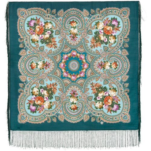 Шерстяной платок Павловопосадские платки Свидание с летом 12, зеленый, 89 х 89 см