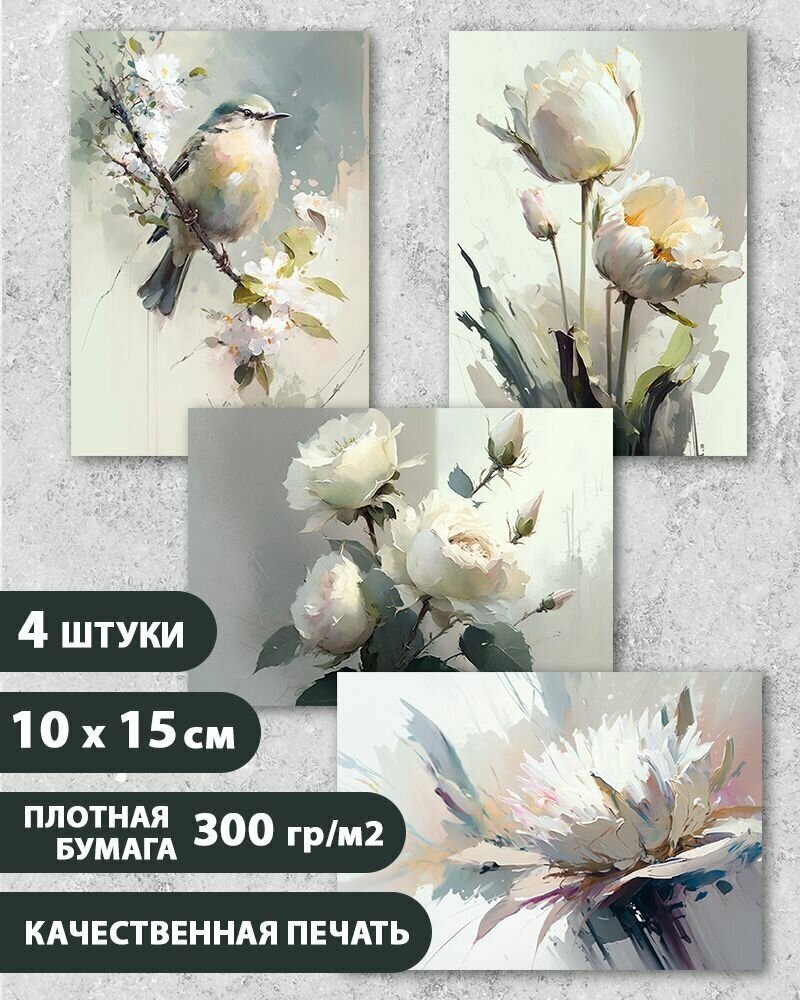Набор открыток "Нежные цветы", 10.5 см х 15 см, 4 шт, InspirationTime, на подарок и в коллекцию