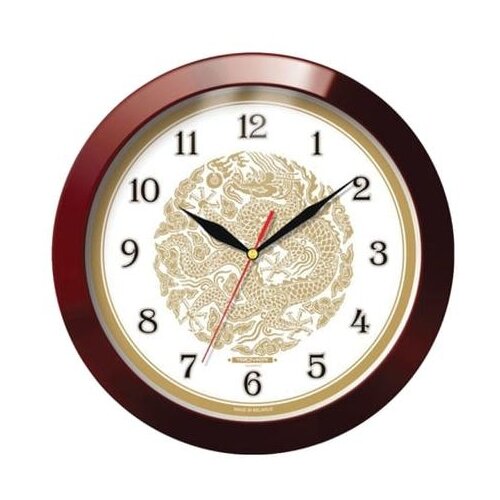 фото Часы настенные troyka 11131190, круг, бежевые с рисунком "золотой дракон", коричневая рамка, 29х29х3,5 см тройка