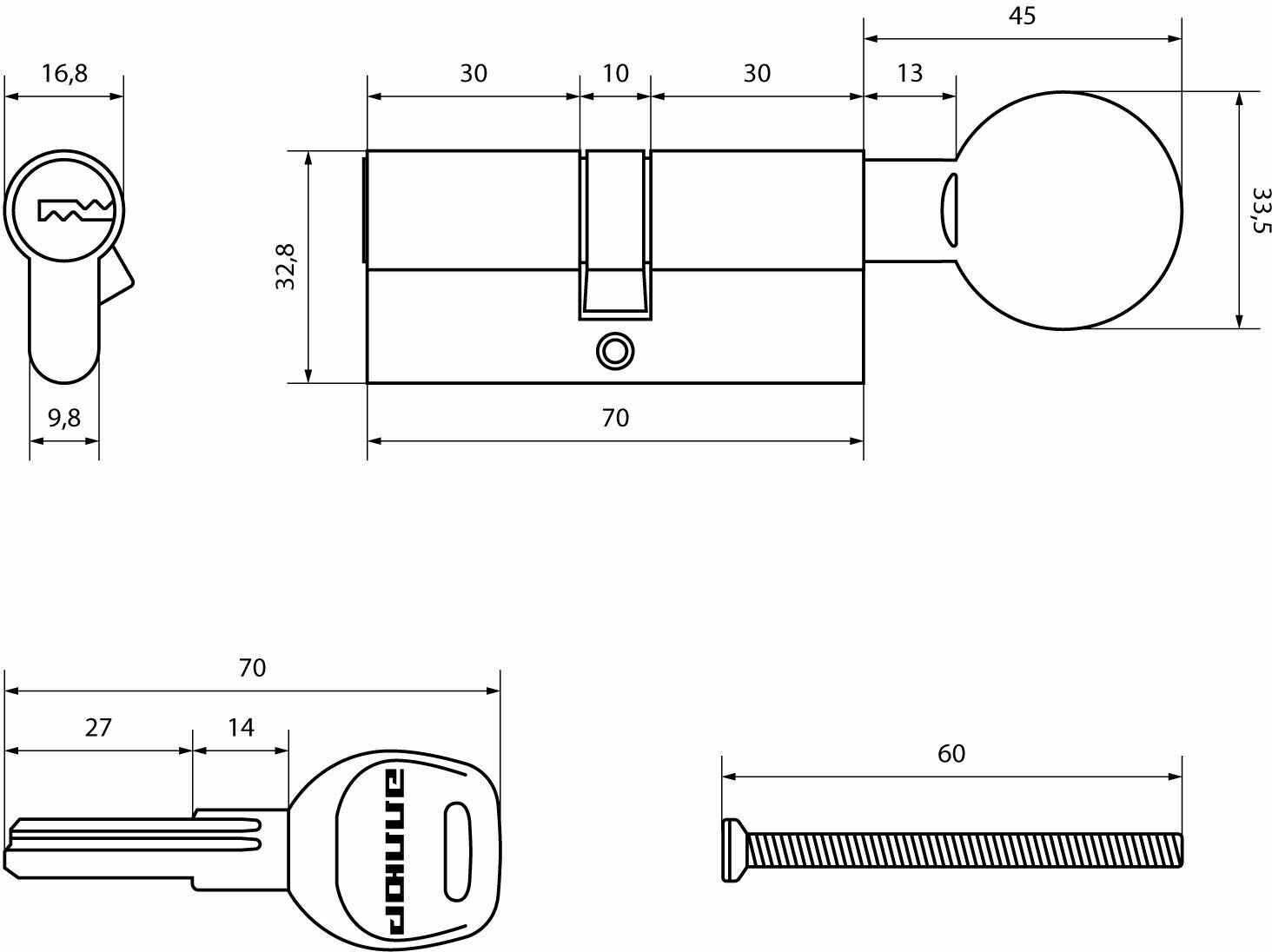Цилиндровый механизм морозостойкий (личинка замка) для врезного замка Аллюр HD FG 70-5К WHITE белый ключ/вертушка, длина 70 мм - фотография № 12
