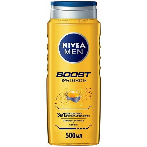 Нивея / Nivea Men - Гель для душа Boost с бодрящим кофеином 3в1 для тела, лица, волос 500 мл гель для душа 3в1 для тела лица и волос nivea men boost 500 мл