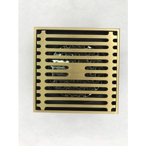 Трап душевой с обратным клапаном (сухой затвор) 100*100мм решетка 2 из нержавеющей стали и латуни прямой цвет бронзовый