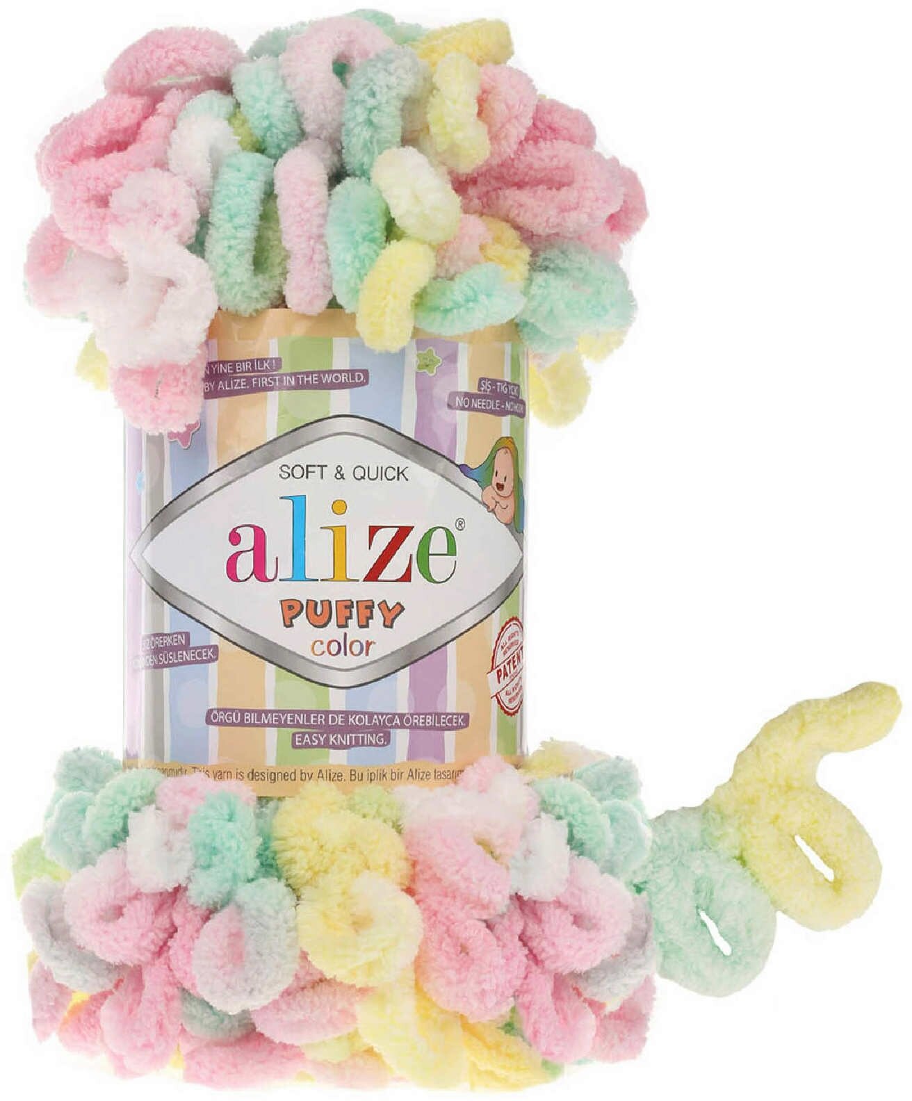 Пряжа Alize Puffy color белый-желтый-розовый-зеленая бирюза (5862), 100%микрополиэстер, 9м, 100г, 2шт