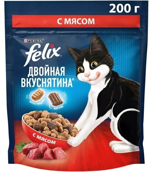 Корм сухой Felix Двойная Вкуснятина для взрослых кошек, с мясом, 200г