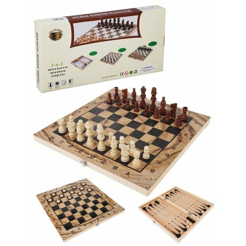 3в1 Шахматы, шашки, нарды, поле 34х34 см, настольная игра Shantou Gepai W3418-4