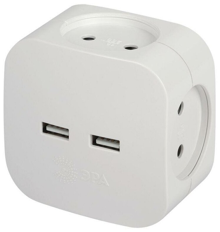 фото Разветвитель электрический SP-4-USB-W на 4 розетки 220В+ 2xUSB 2400мА без заземл 10А бел. Эра Б0049532