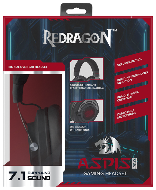 Наушники Redragon Aspis Pro игровые, с микрофоном, чёрно-красный