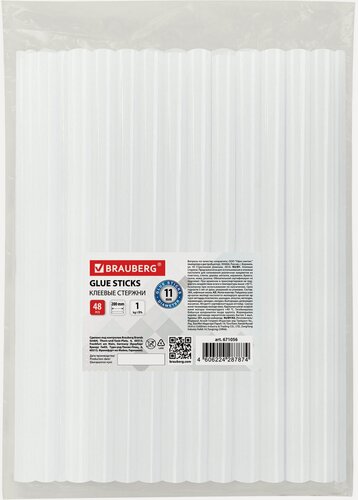 Изображение товара Клеевые стержни Brauberg, диаметр 11 мм, длина 200 мм, прозрачные, 1 кг, 48 штук