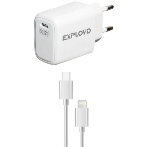 Сетевое зарядное устройство Eхployd Eх-Z-1337, USB-С, 3 А, 20 Вт, кабель Lightning, белое