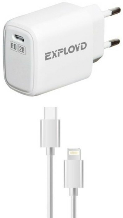 Exployd Сетевое зарядное устройство Exployd EX-Z-1337, USB-С, 3 А, 20 Вт, кабель Lightning, белое