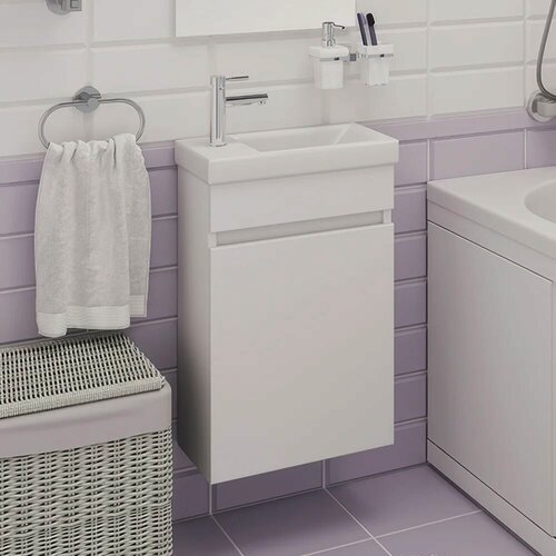 Изображение товара Тумба с раковиной Emmy Мони 40 подвесная, 40 см, белая, глянцевая, из МДФ, с дверками, раковина для ванной, фарфоровая, прямоугольная