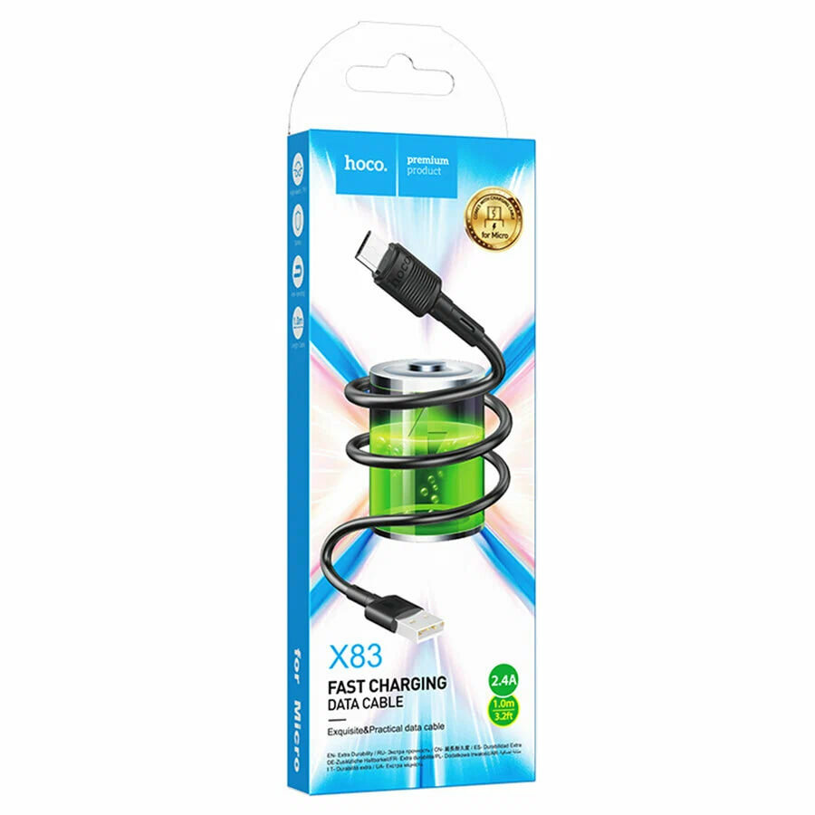 Кабель HOCO X83, USB-micro, 1м, скорость зарядки 3А, черный — фото 1