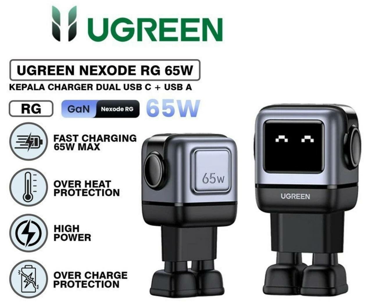 Сетевое зарядное устройство-робот Ugreen Nexode RG CD361 | 65 Вт | 2×USB-C + USB-A | GaN Fast Charger | LED-дисплей