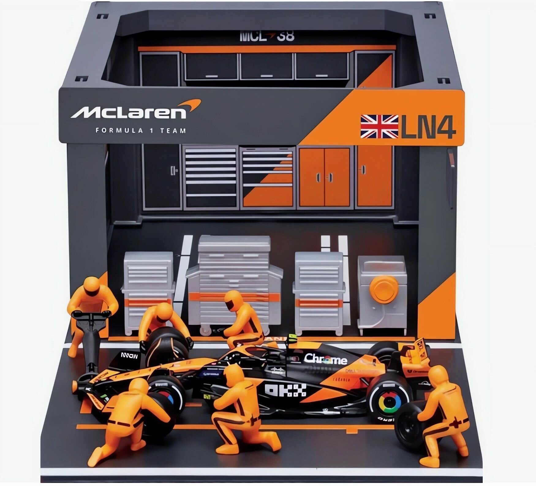 Пит-стоп гараж "Bburago" + коллекционная модель болида Формулы-1. McLaren MCL38 (Ландо Норрис) Масштаб 1:43