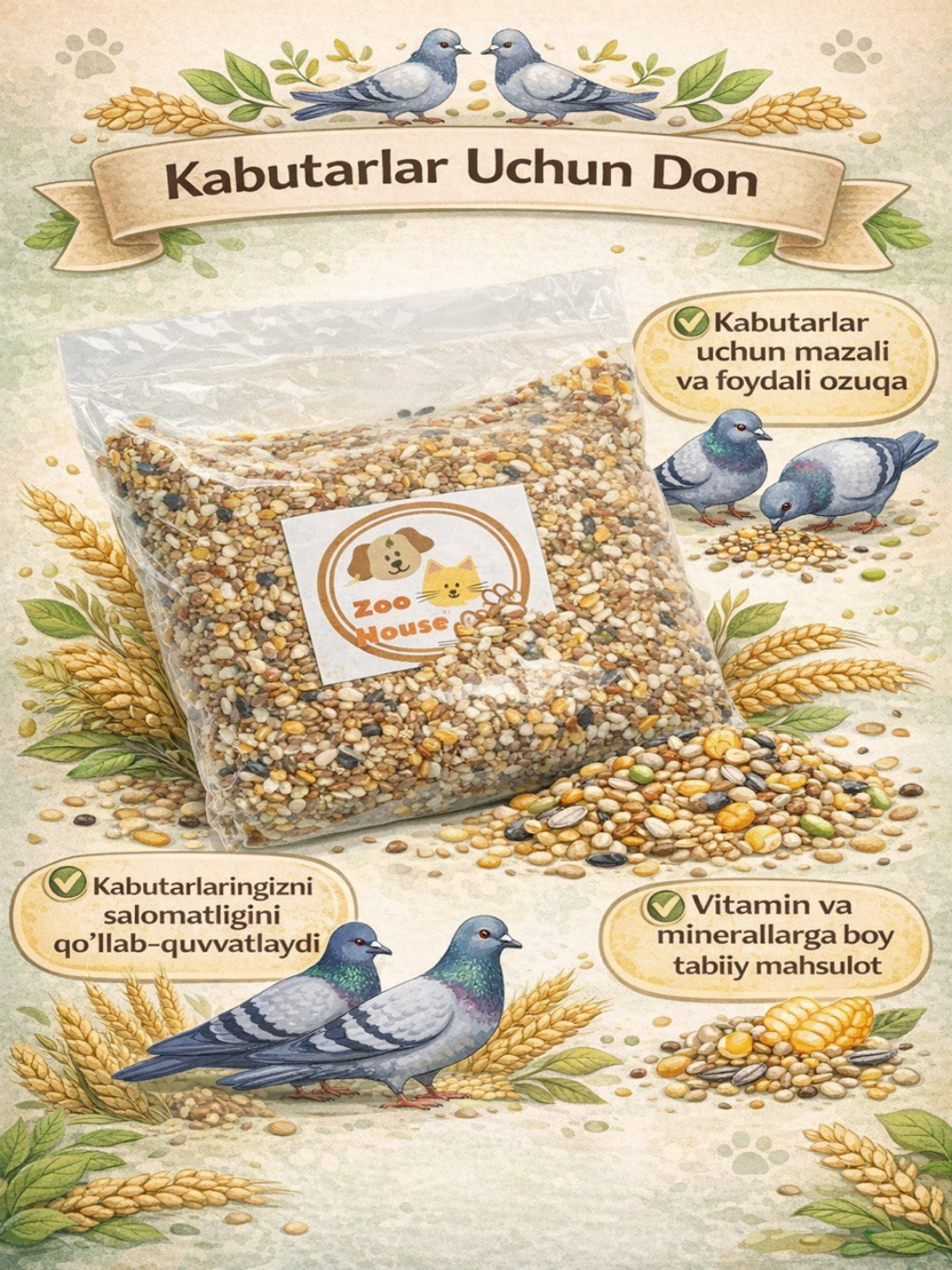 Витаминизированный Зерной-корм для голубей, 1 кг, Коричневый