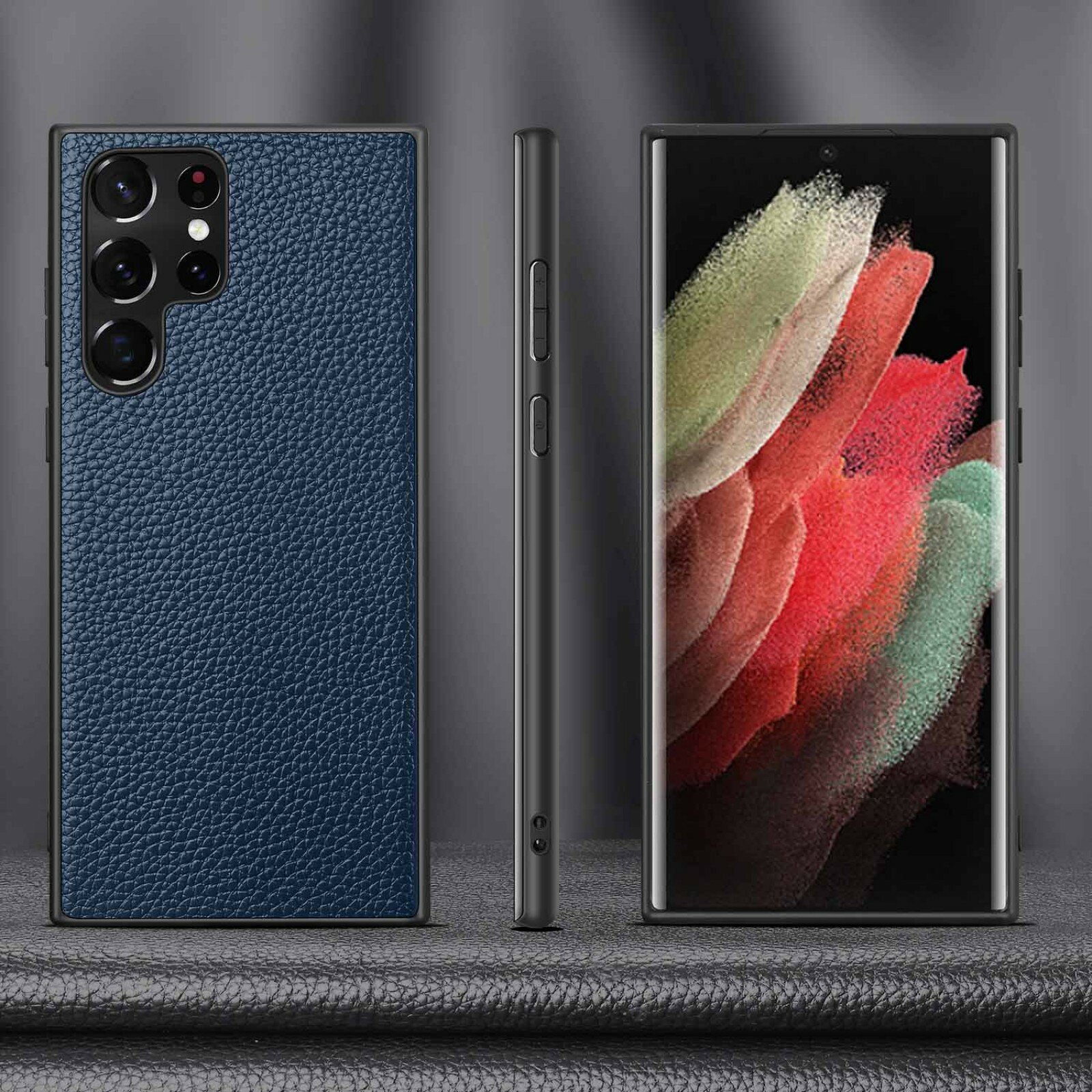 Чехол-бампер-накладка MyPads Premium для Samsung Galaxy S23 Ultra с натуральной кожей синего цвета