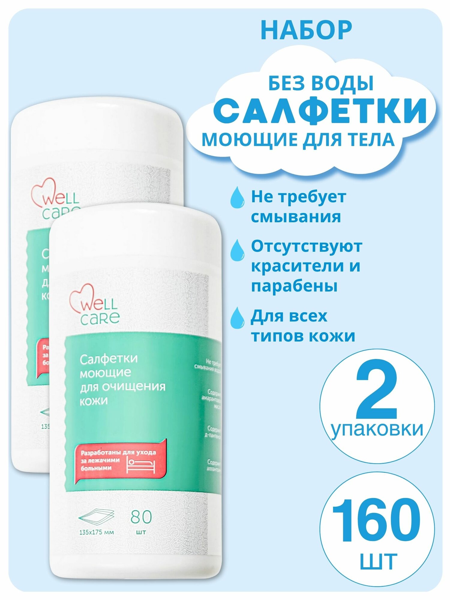 Салфетки моющие № 80 "WELLCARE" для мытья тела, без воды, без смывания, 2 тубы