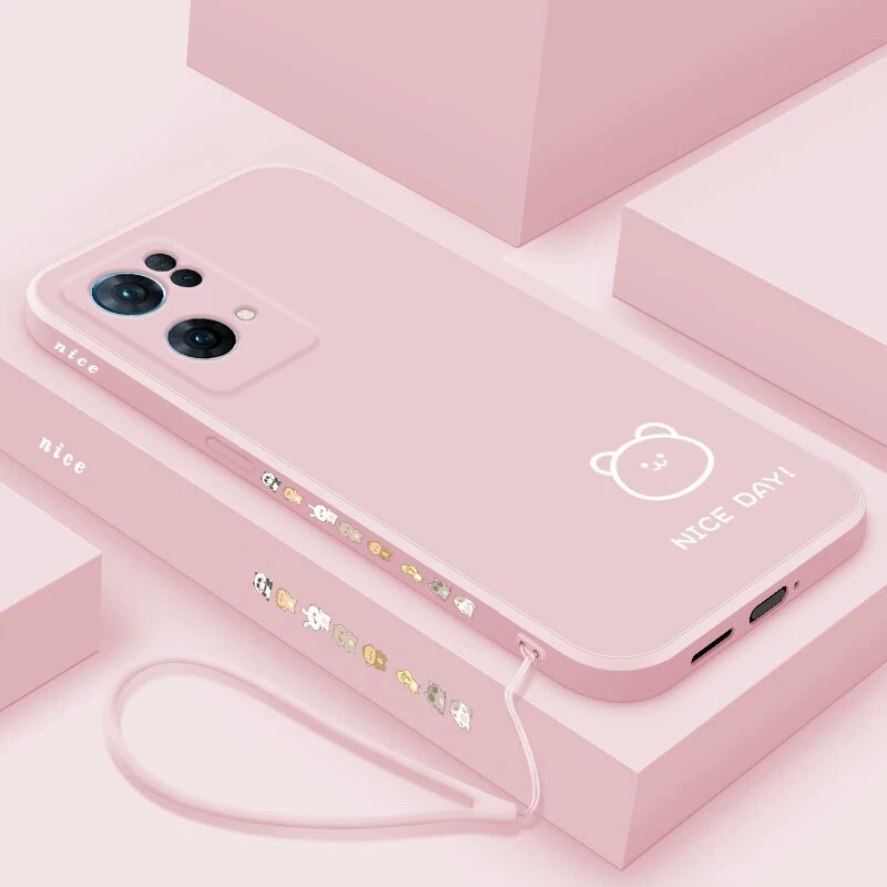 OPPO Reno7 SE Жидкий силиконовый чехол с медвежьим узором, розовый цвет, защитный чехол для мобильного телефона