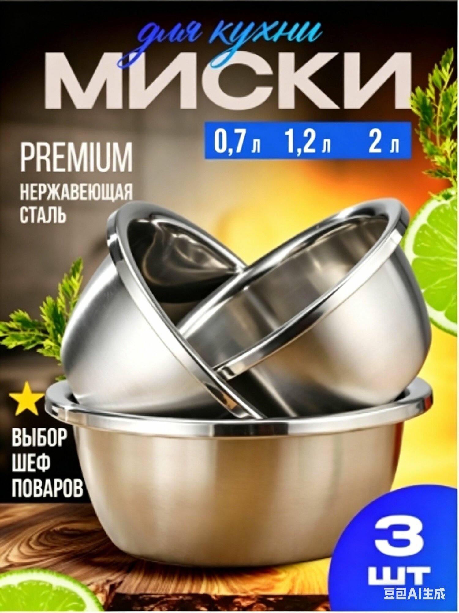 Набор мисок из нержавеющей стали 304, 3 шт: 17/19/23 см, 700+1300+2100 мл, для салата и теста, серебристый