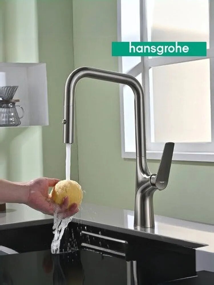 Hansgrohe Кухонный выдвижной смеситель высококачественная латунь, 360 вращение, два режима излива, металлическая выдвижная лейка, высокопрочный керамический картридж, современный премиум-дизайн
