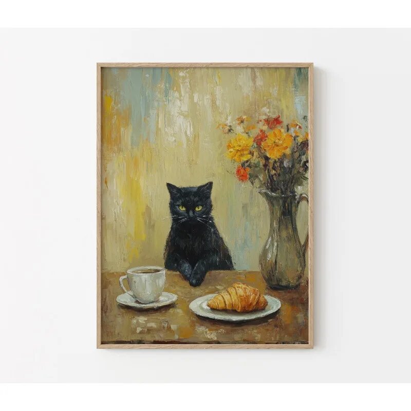 Черный кот с кофе и круассаном, картина 20x30см