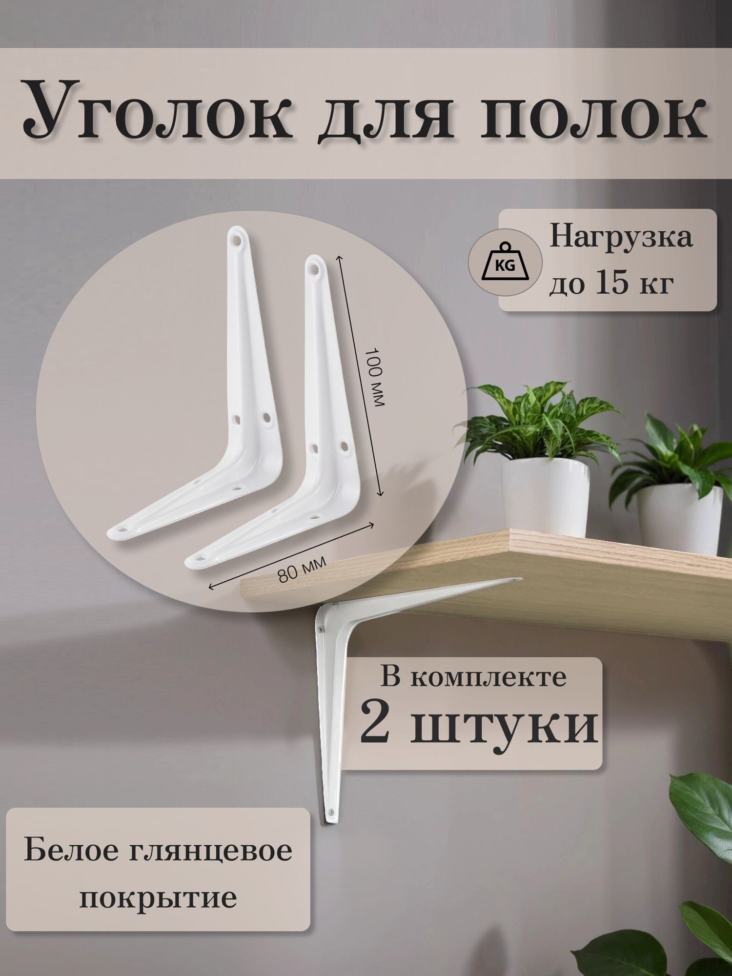 Кронштейн для полки Mirus Group 8x10 см нагрузка до 10 кг металл цвет белый – 2 шт. / Держатель для полки.