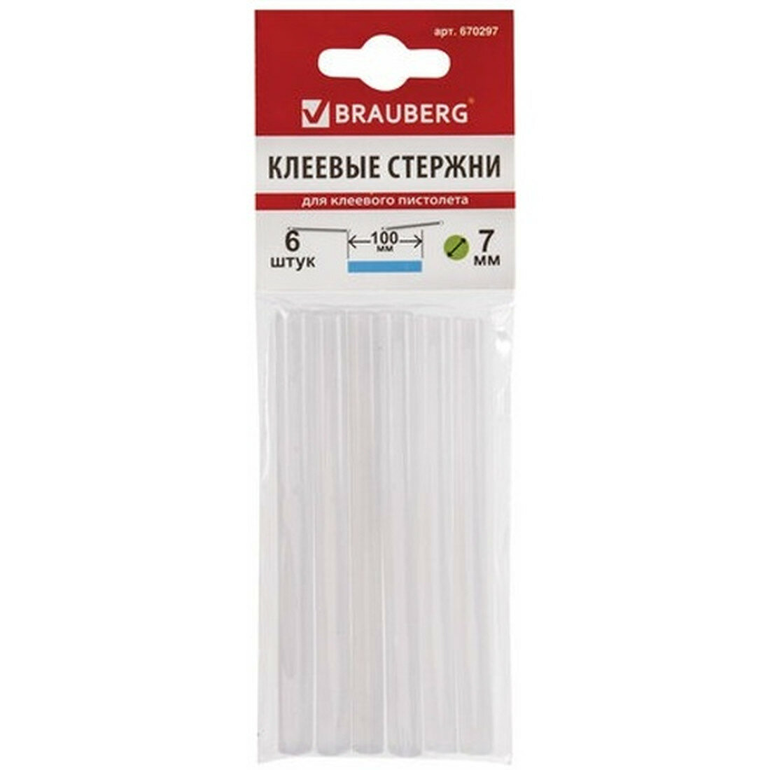 Стержни клеевые Brauberg  диаметр 7 мм длина 100 мм белые комплект 6 штук  европодвес 670297