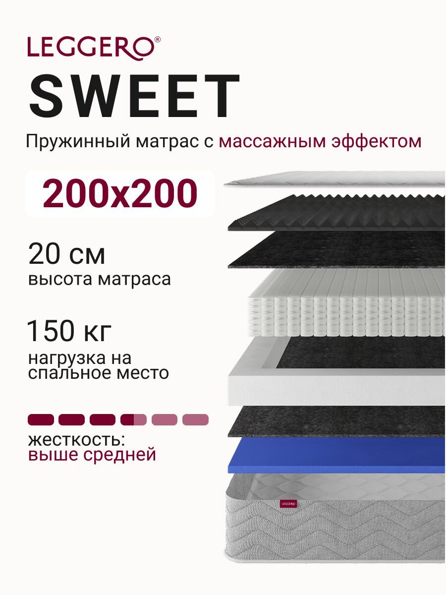 Матрас пружинный, 200х200, жесткий, с массажным эффектом, LEGGERO, SWEET