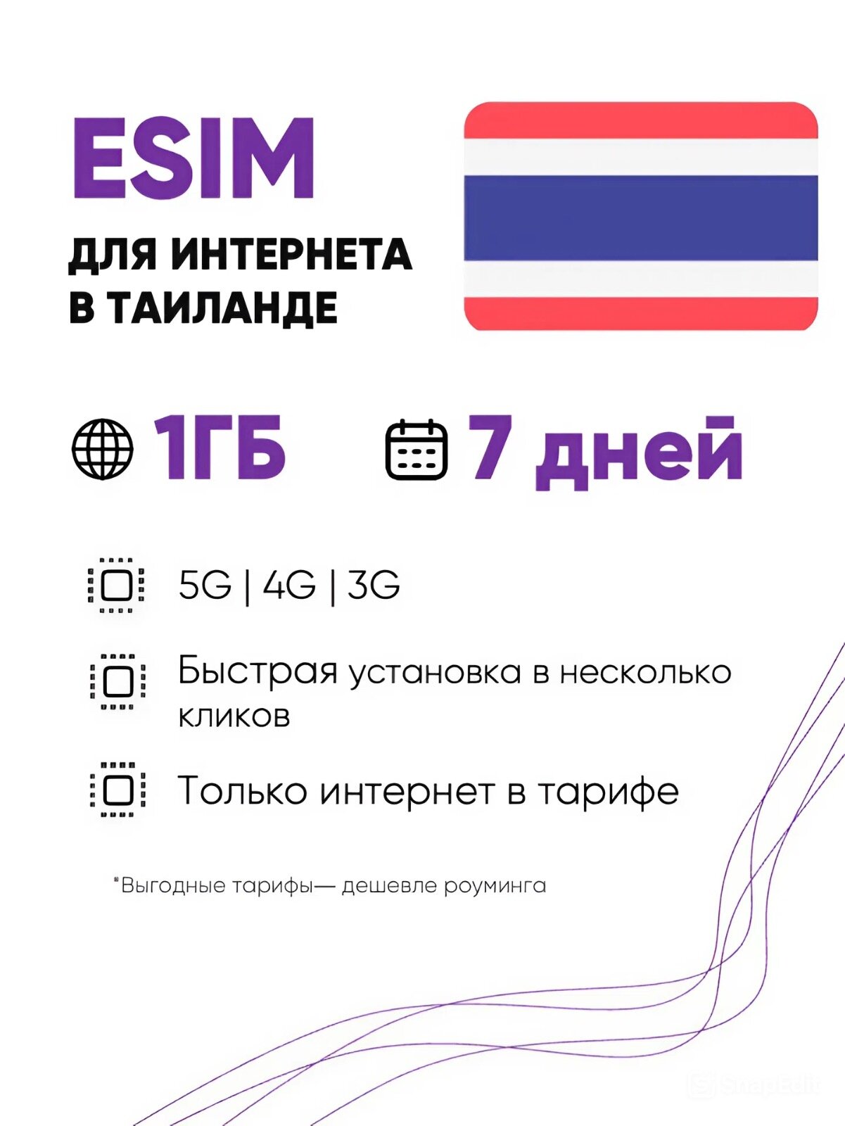 ESIM для интернета в Таиланде 1 ГБ на 7 дней. Виртуальная сим-карта для Таиланда