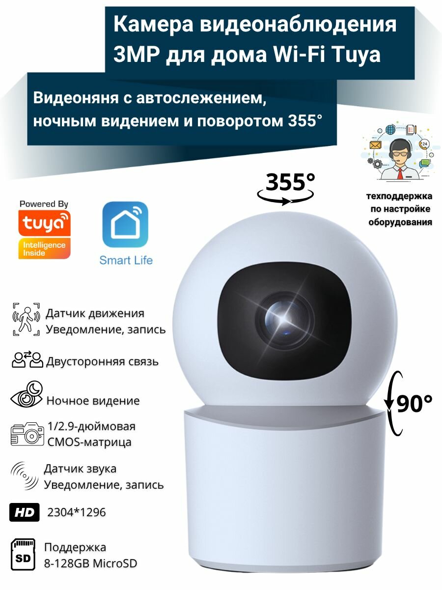 Умная Wi-Fi Smart видеокамера NETGIM 3 Мп с автослежением, поворотом, ночным видением и управлением через Tuya, Smart Life