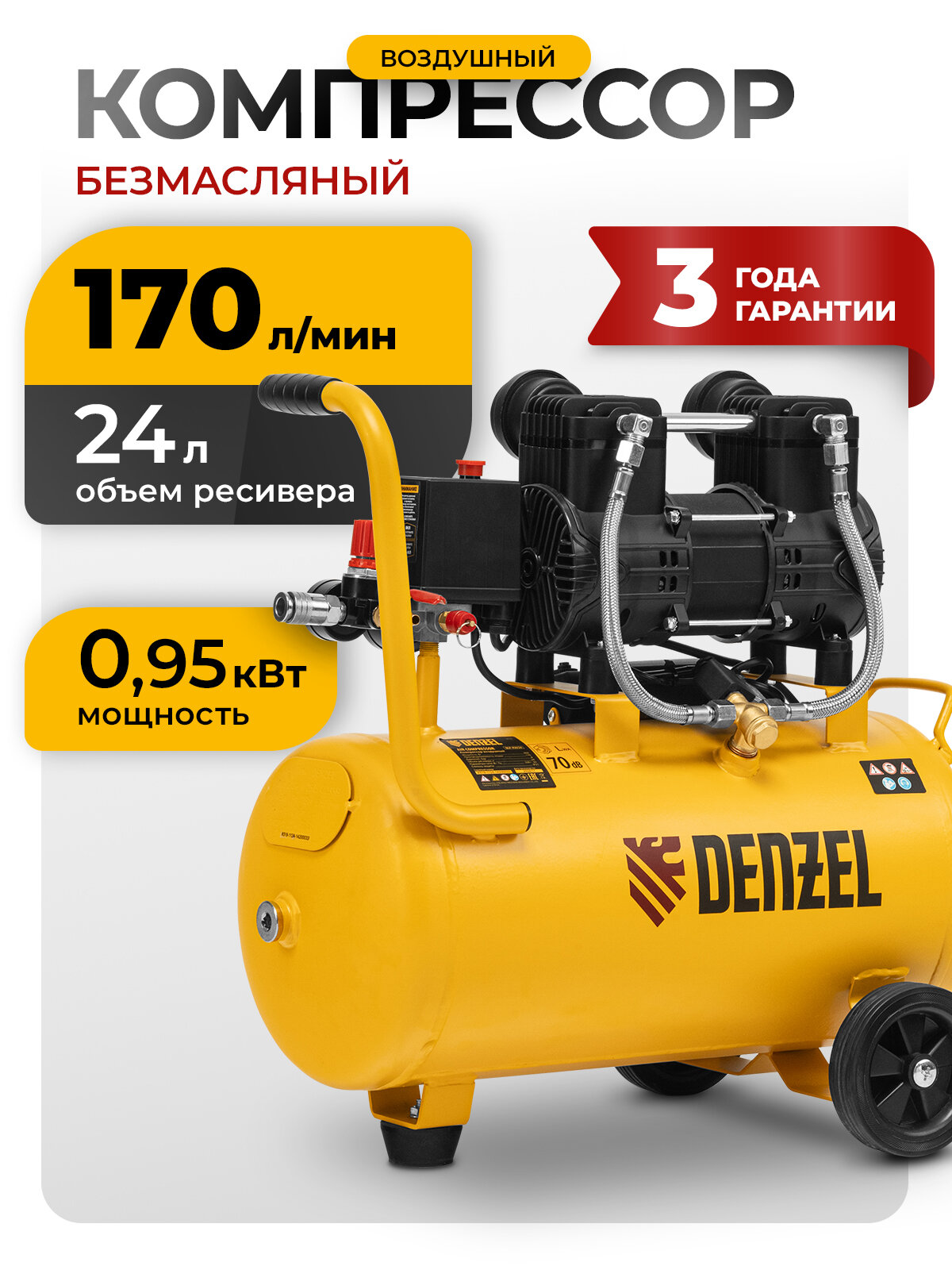 Компрессор безмасляный малошумный Denzel DLP-950/24 950Вт24 л 2850 об/мин 170 л/мин 58142