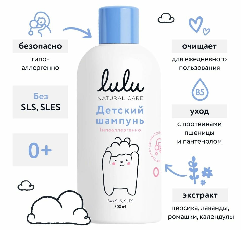 Детский шампунь LULU с протеинами пшеницы и пантенолом, 300 мл