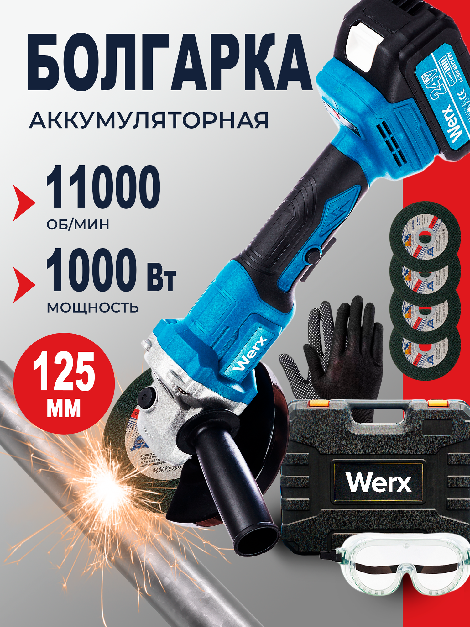 Аккумуляторная УШМ 24В, диск 125 мм, 0-11000 об/мин, в кейсе, 2 АКБ