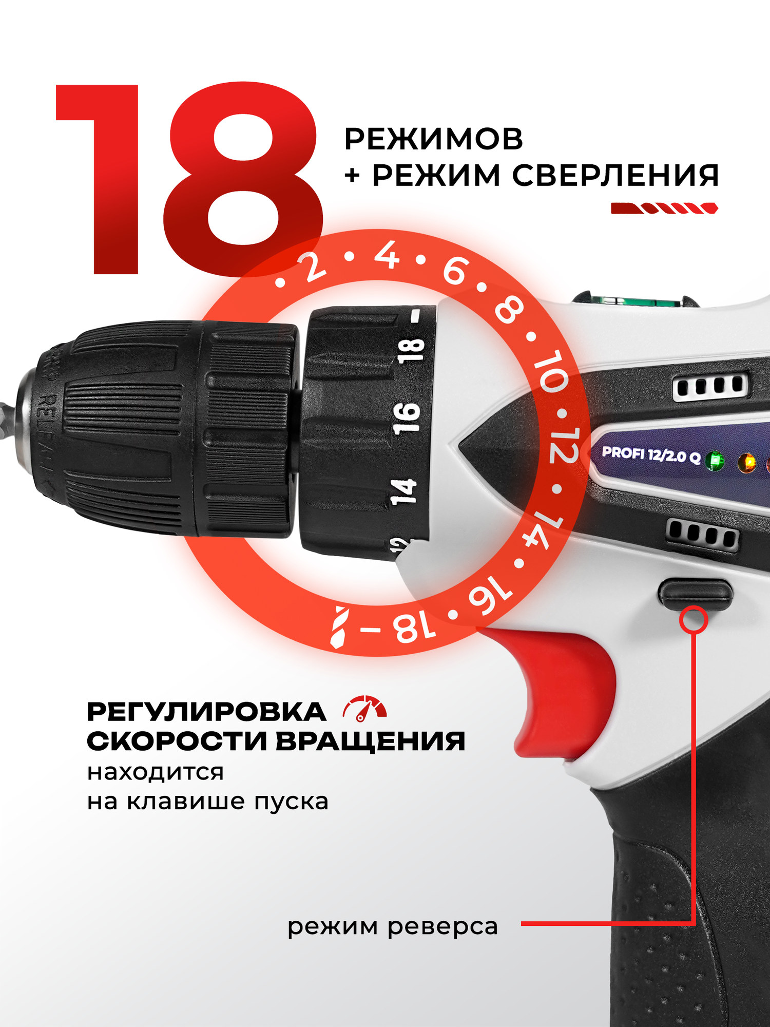 Дрель шуруповерт аккумуляторный Electrolite PROFI 12/2.0Q EL12 В, 2 Ач, 26 Hm, Li-Ion, подсветка — фото 1