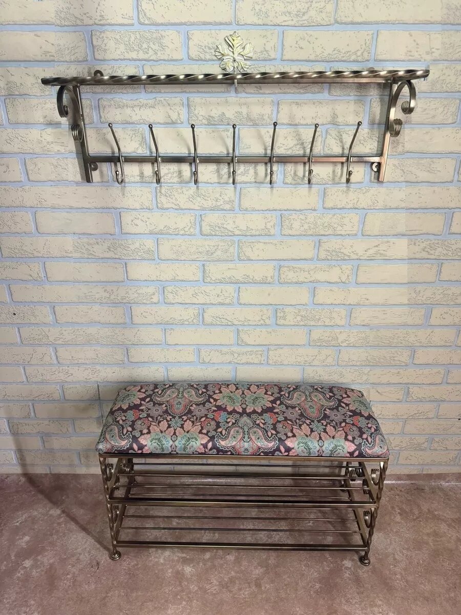 Кованая прихожая, вешалка + банкетка, Студия кованой мебели Нива, цвет античная бронза/красновато-бордовый — фото 1