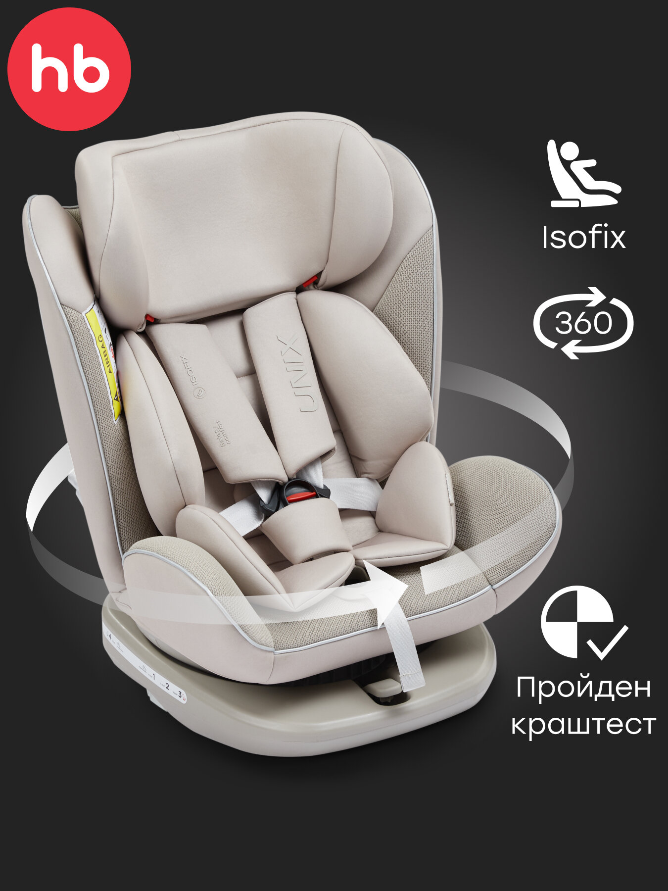 Автокресло детское от 0 до 12 лет Unix Happy Baby группа 0+/1/2/3 (до 36 кг), крепление isofix, поворотная база, бежевый
