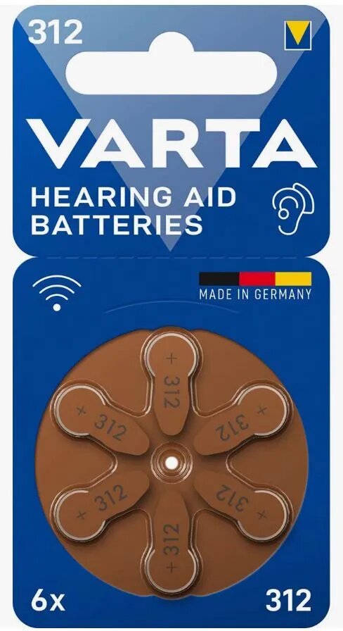 Батарейка для слухового аппарата VARTA Hearing Aid Batteries 312, (6) шт. в блистере