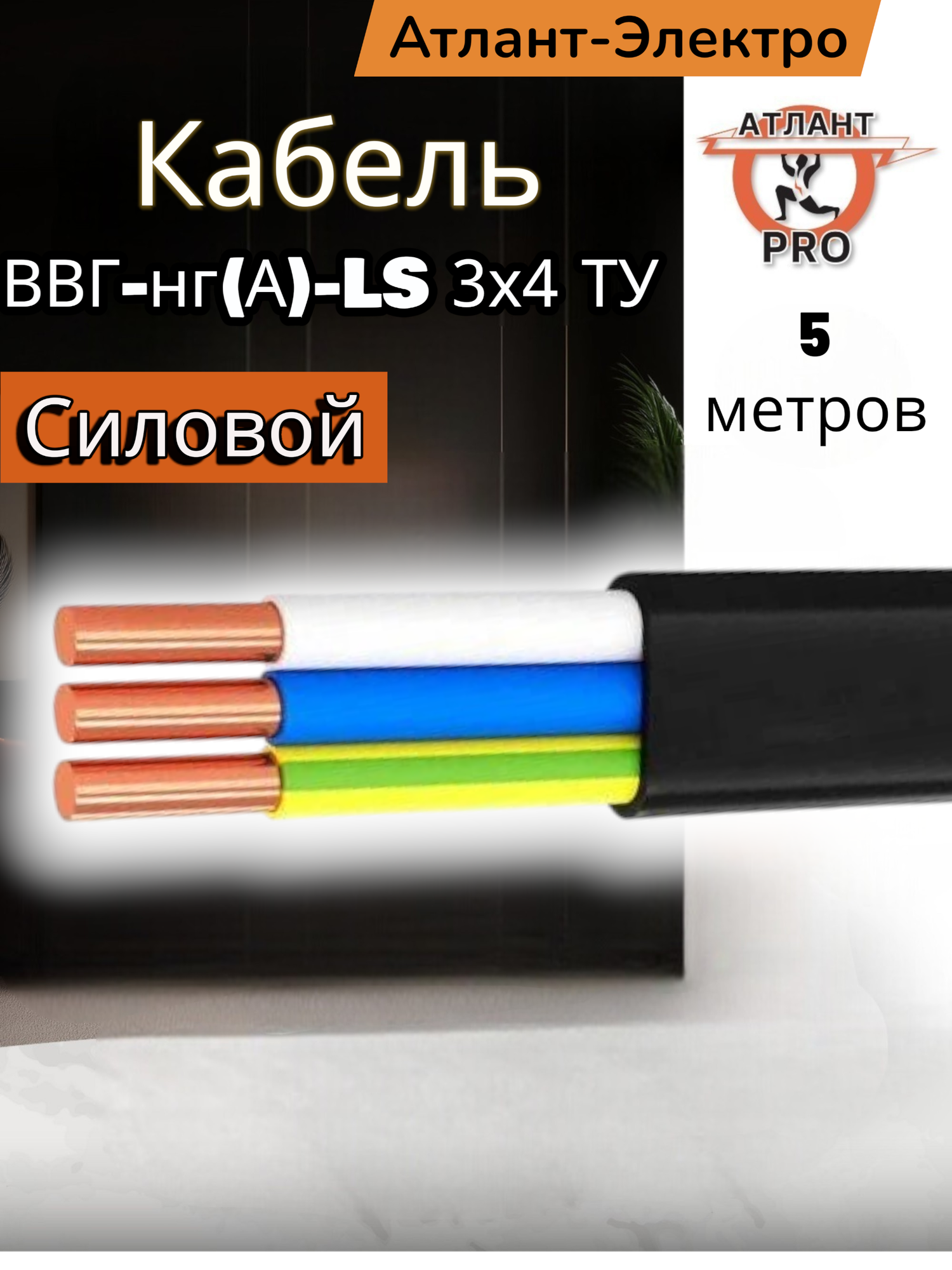 Кабель силовой Атлант Электро ВВГ-ng(А)-LS сечение 3х4 длина 5м негорючий ТУ