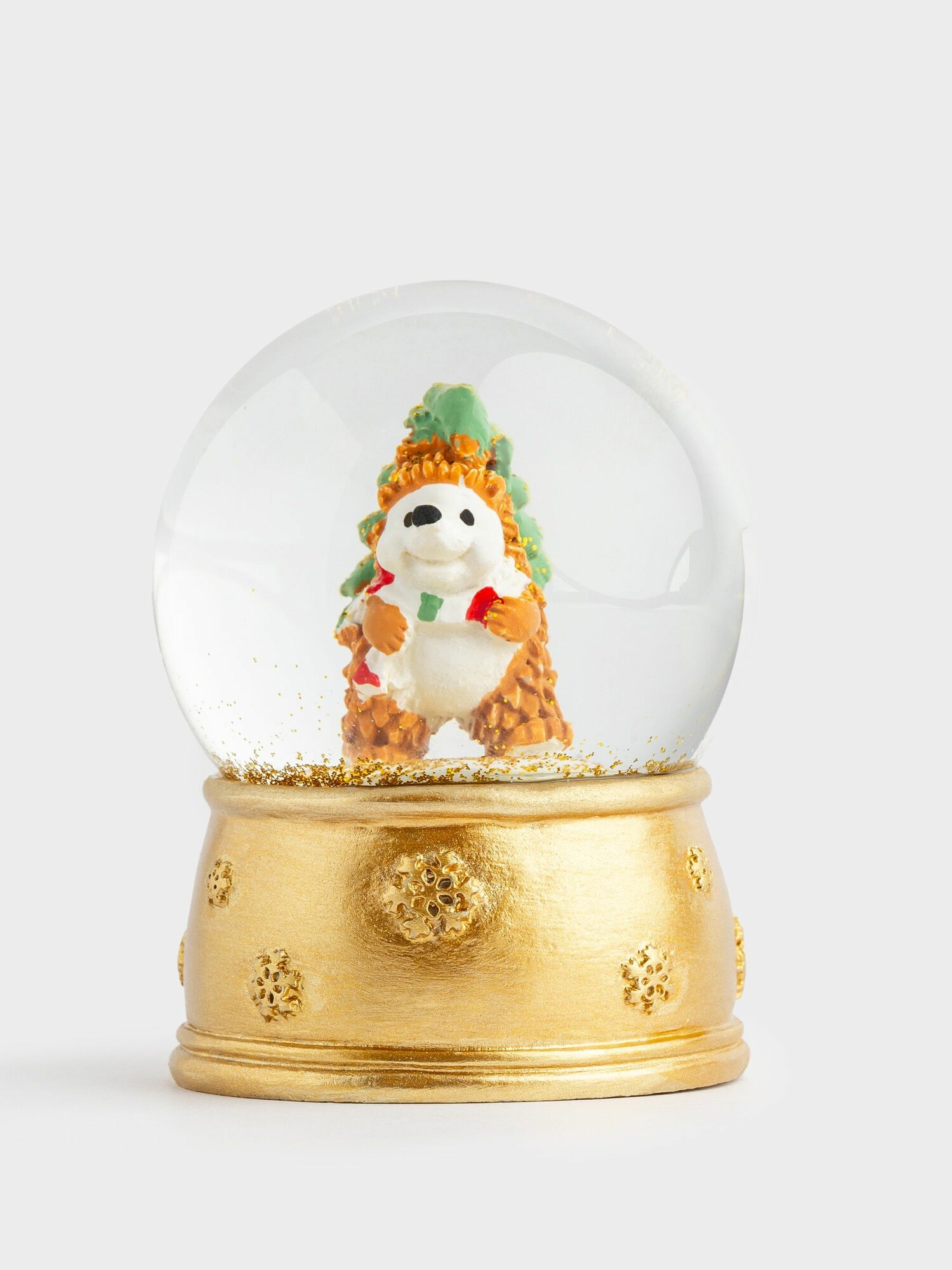 Снежный шар 7 см с подсветкой стекло/полирезин золотистый Еж с елкой Golden style
