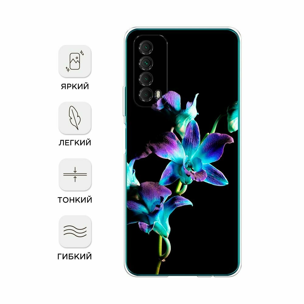 Чехол на Huawei P Smart 2021 / Хуавей П Смарт 2021 с принтом "Синий цветок на черном" — фото 1