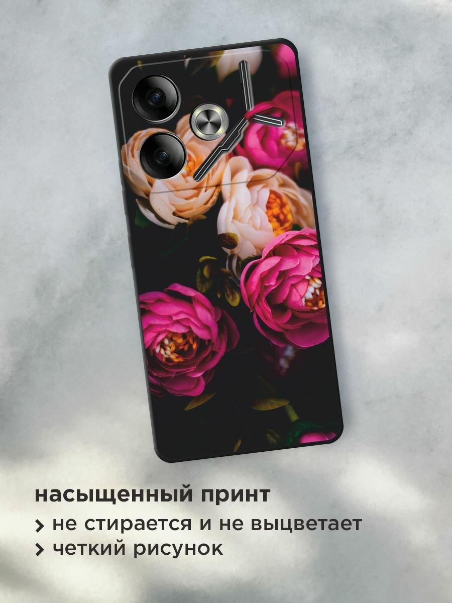 Черный матовый чехол на Tecno Pova 6 / Текно Пова 6 с принтом "Розовые пионы на черном" — фото 1