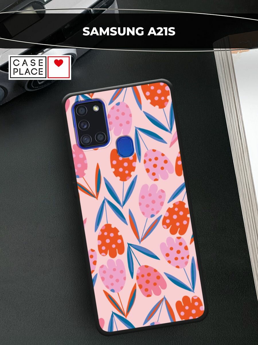 Черный матовый чехол на Samsung Galaxy A21s / Самсунг Галакси A21s с принтом "Тюльпаны в горошек - 8 марта"