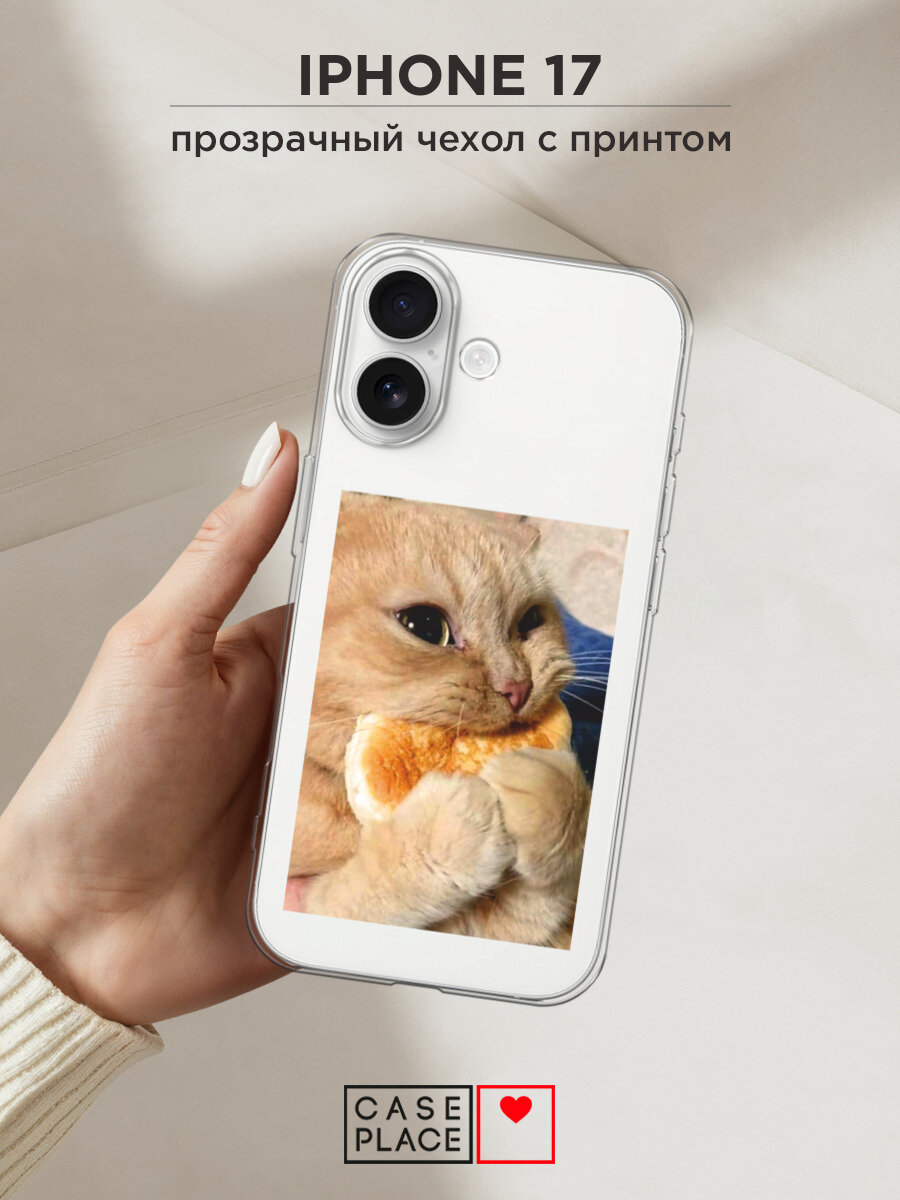 Чехол на Apple iPhone 17 / Айфон 17 с принтом Котик кушает, прозрачный