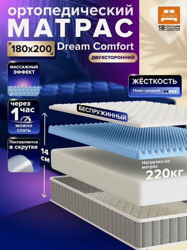 Изображение товара Матрас Dream Comfort 180х200х14 см на кровать, беспружинный, ортопедический