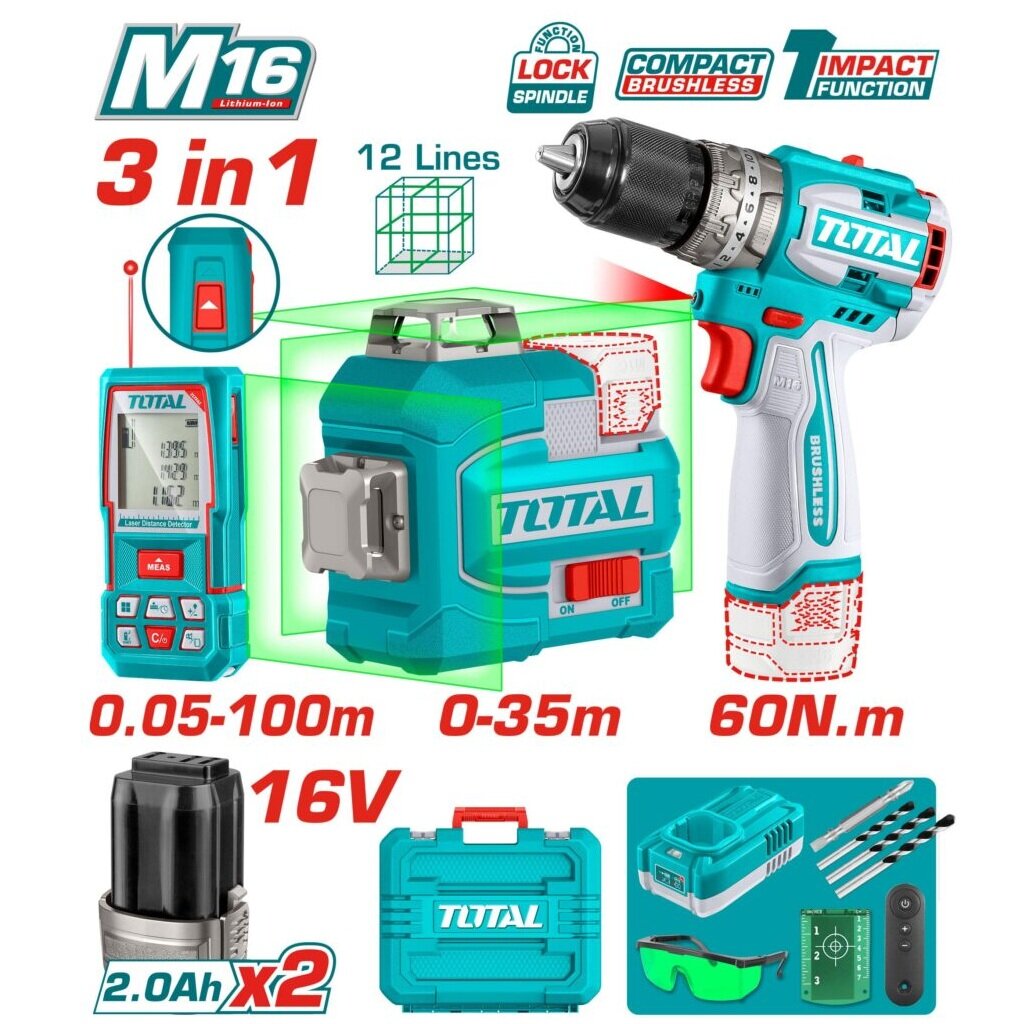 Набор электроинструментов "TOTAL", лазерный уровень, шуруповерт
