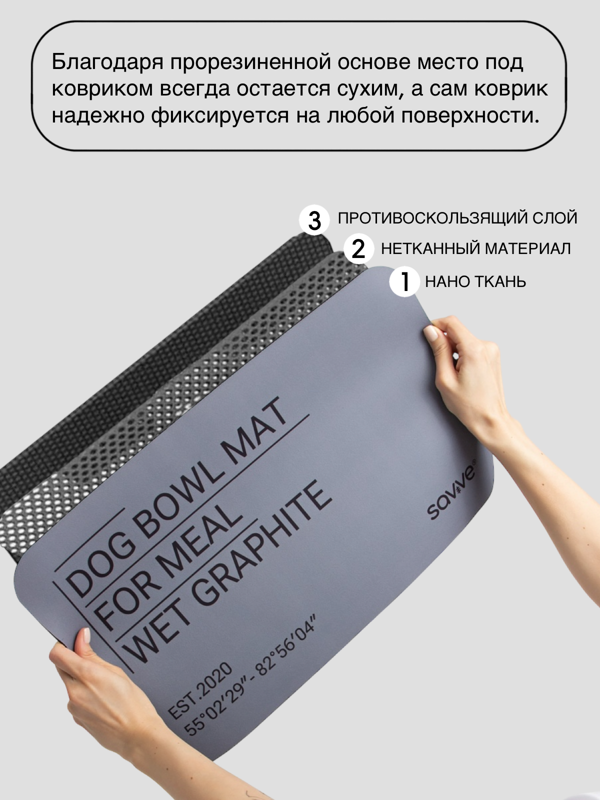 Коврик под миску для собак SAVVE DOG BOWL MAT, 50х30см, графитовый — фото 1