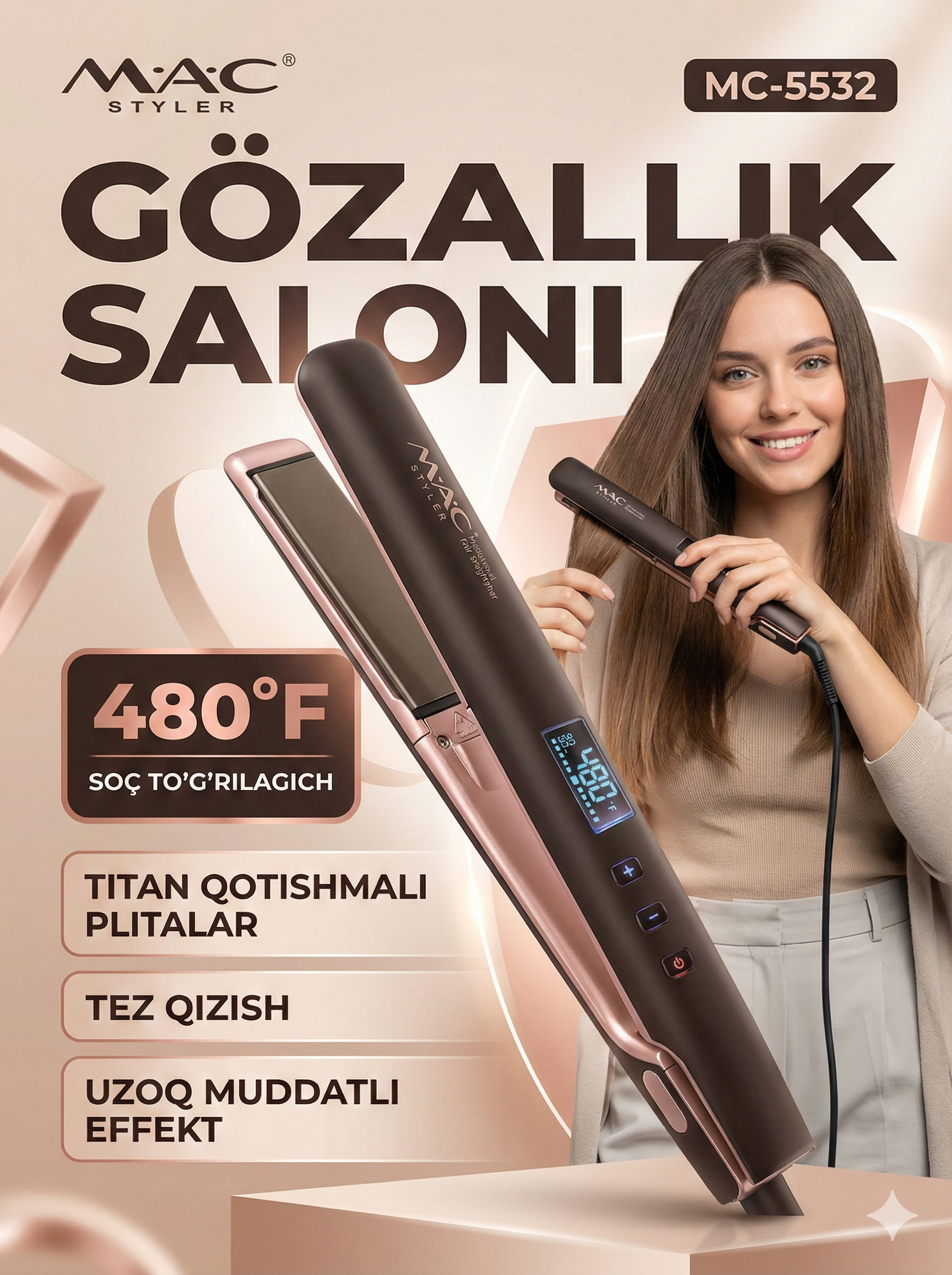 Профессиональный утюжок, выпрямитель для волос "MAC Styler" , с LCD дисплеем Pink