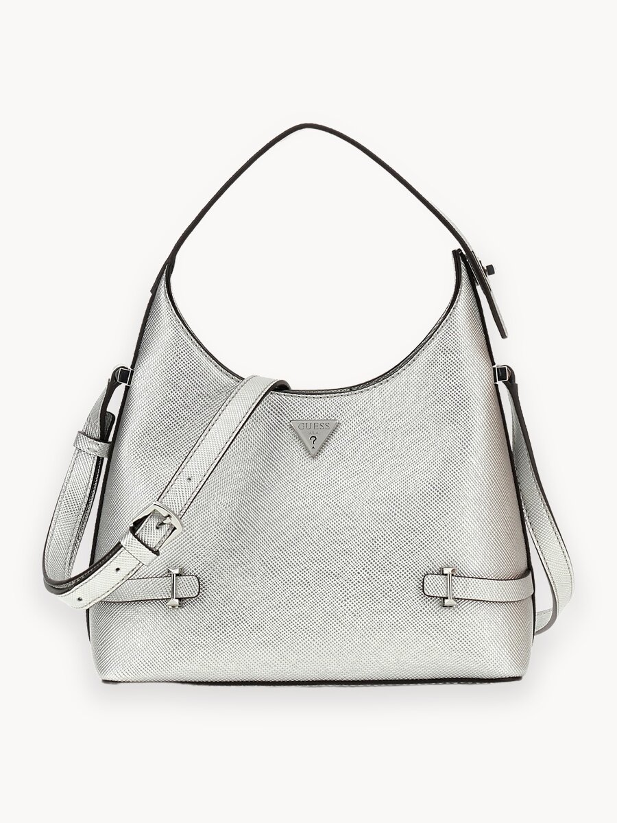 Сумка хобо GUESS, фактура зернистая, серый