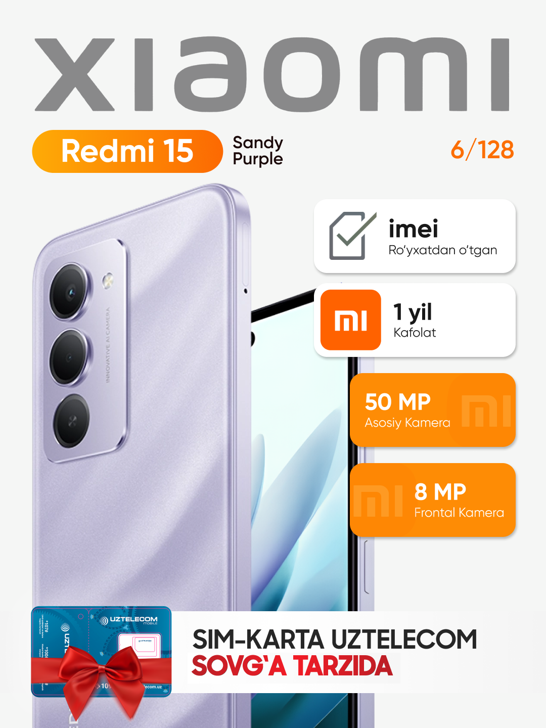 Смартфон Xiaomi Redmi 15 6.9″, 144 Гц, Snapdragon 6s Gen 3, 7000 мА·ч, 50 Мп, NFC, Android 15, 6/128GB