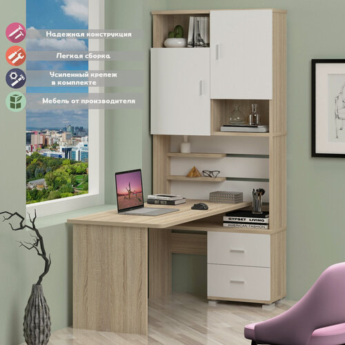 Изображение товара Стол компьютерный Мэрдэс СР-720/160 сбес-прав Сонома/Белый/Сонома, угловой, ЛДСП, 96х160х216 см